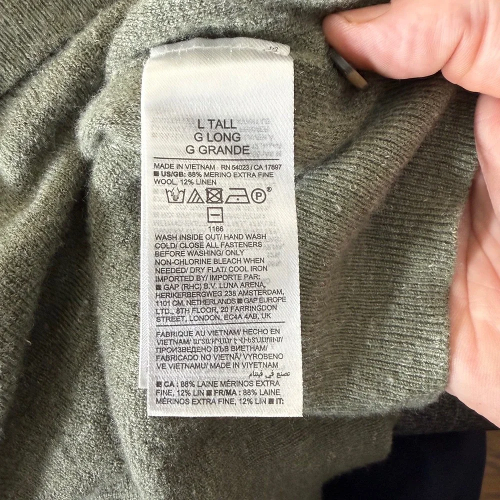 Banana Republic Lightweight Merino-Linen Henley Shirt Olive Green Men's L Tall